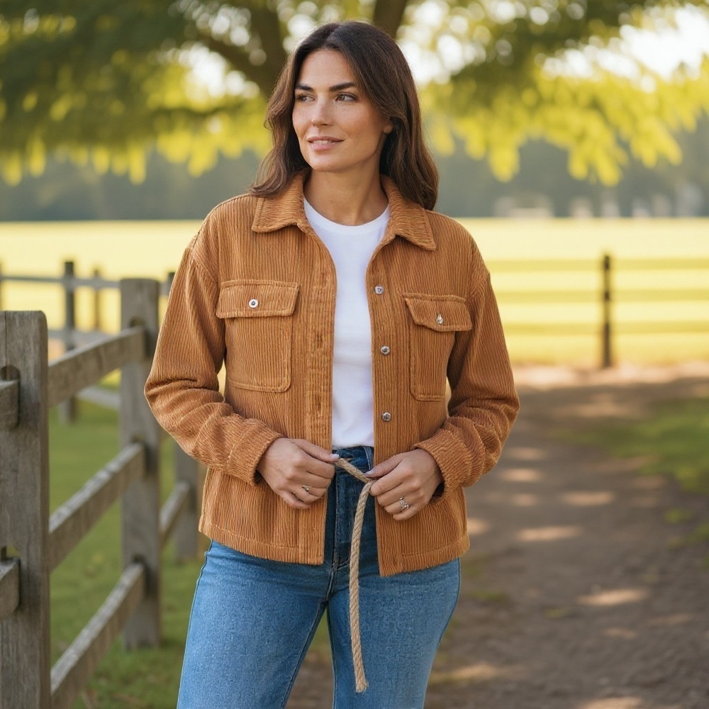Lucky and Blessed Corduroy Shacket Jacket Tan Small